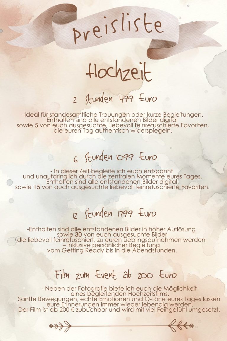 Übersicht der Hochzeits-Preispakete für natürliche Hochzeitsfotografie von Picscouture Photography in Abensberg, Kelheim und Regensburg. Hochzeitsfotografie Preisliste – natürliche Hochzeitsreportagen in Abensberg, Kelheim und Regensburg